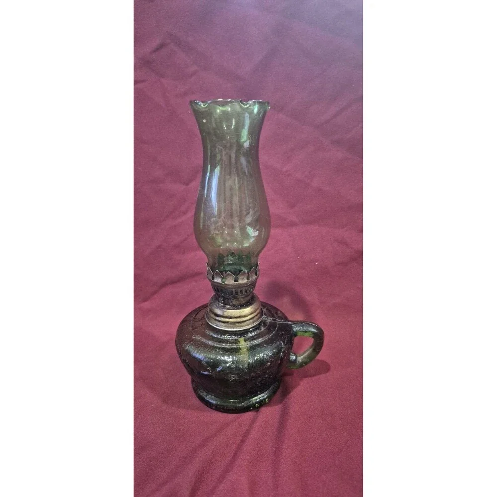 Vintage Mini Oil Lamp Green Glass 8